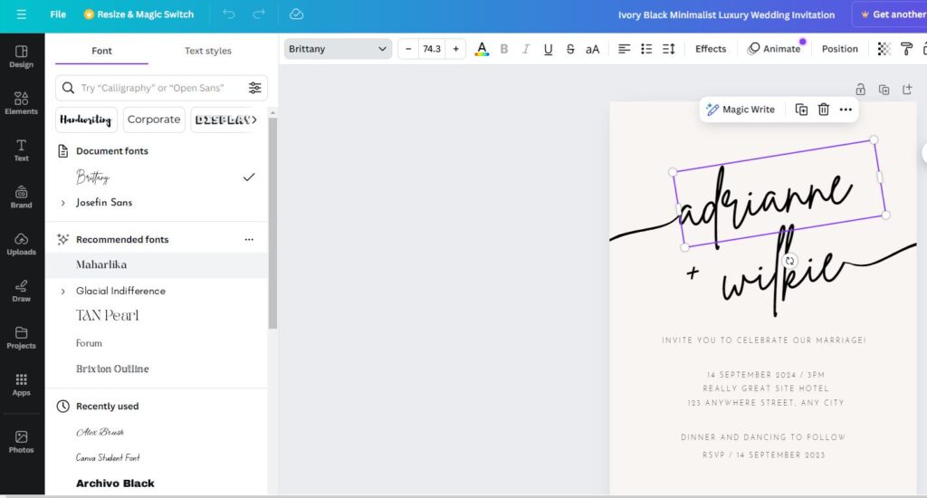 Selecting fonts for wedding invitations Canva