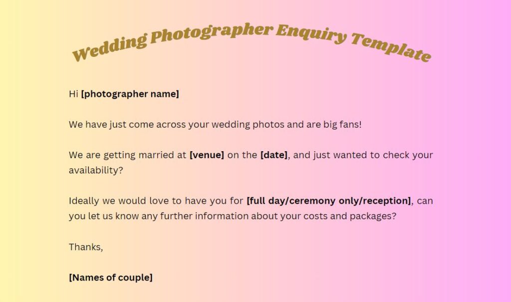 how to contact wedding photographer enquiry template